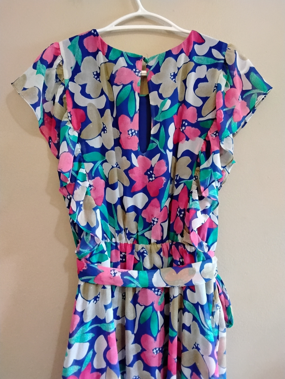 Calvin Klein Blue Floral Flutter Sleeve Dress with Tie Waist – Size 12 EUC - Picture 11 of 16
